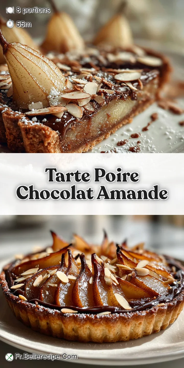 Close-up of a rich chocolate pear tart, highlighting the glistening chocolate glaze and tender poached pear slices in the ...