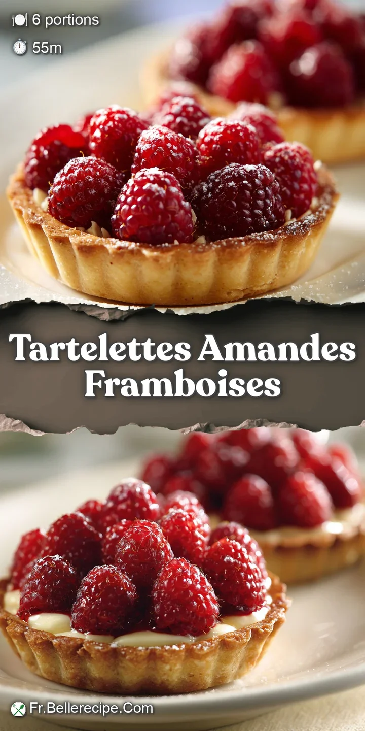 Close-up of a delectable almond tartlet, bursting with fresh raspberries and a delicate, flaky crust; powdered sugar glist...