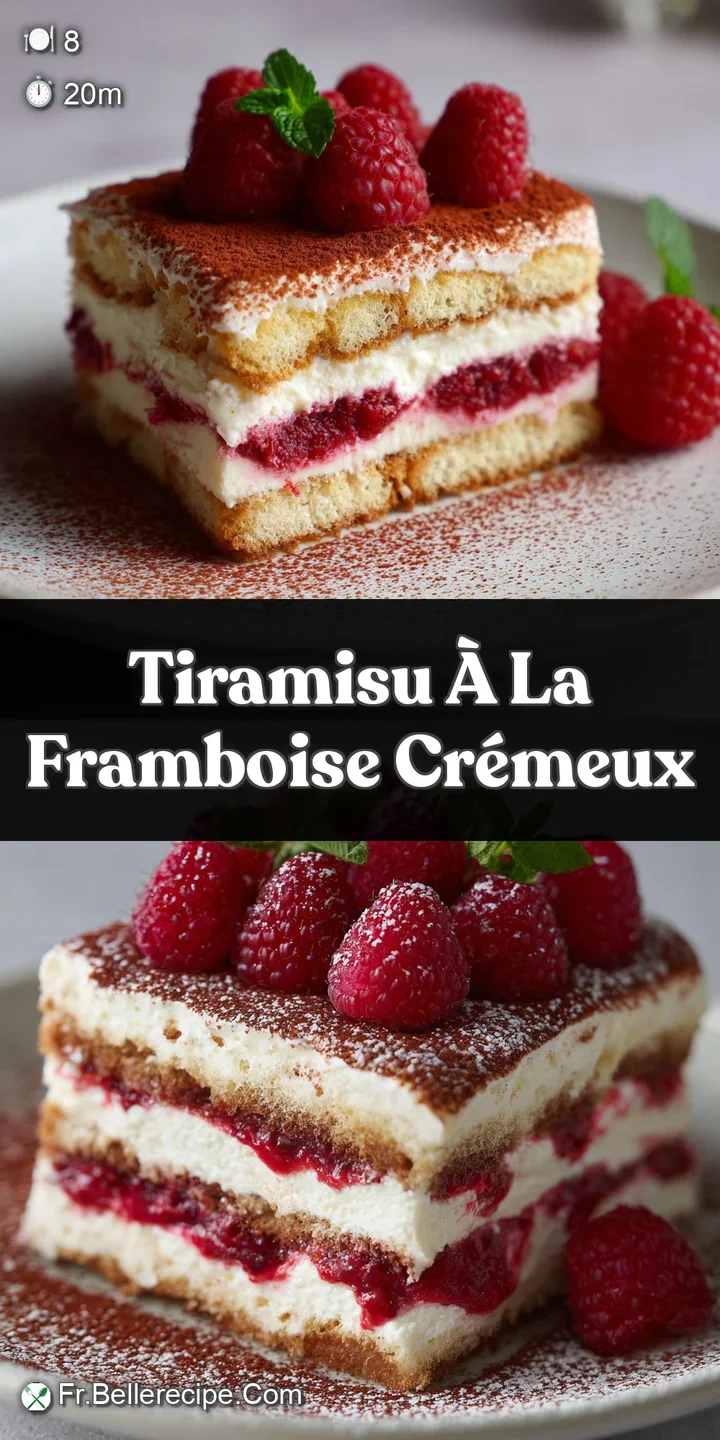 Close-up of a luscious tiramisu. Soft cream texture, hints of cocoa powder, and a burst of fresh raspberry color & sweetness.