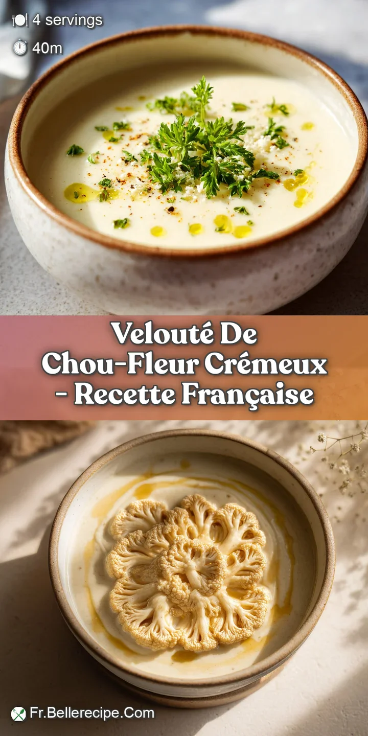 Close-up reveals the velvety texture of this creamy cauliflower soup, glistening with olive oil and fresh herb garnish.