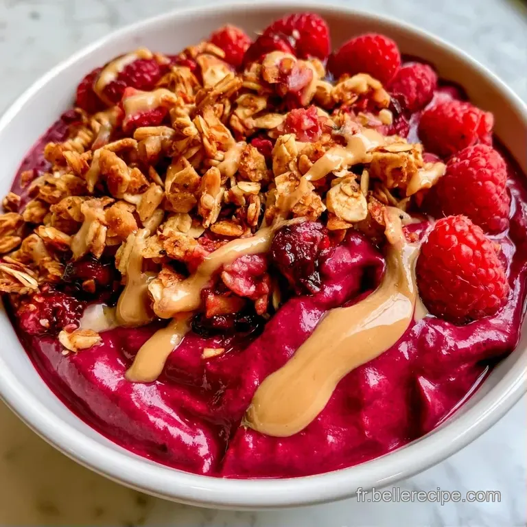 Smoothie &eacute;pais pourpre dans un bol blanc, garni de tranches de banane et de baies rouges fra&icirc;chement coup&eacute;es.