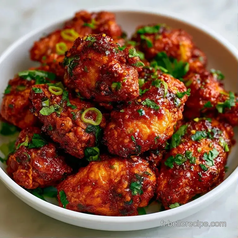 Morceaux de poulet laqu&eacute;s et brillants dispos&eacute;s avec soin sur une assiette blanche, agr&eacute;ment&eacute;s d'oignons verts cisel&eacute;s.
