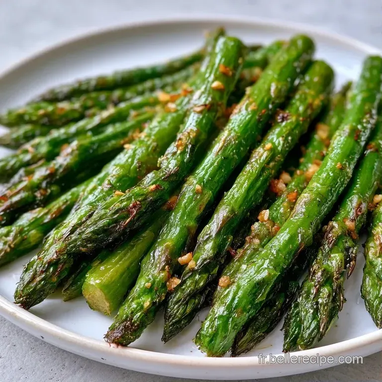 Asperges vert vif align&eacute;es avec soin dans une assiette blanche, parsem&eacute;es de grains de sel et d'un filet d'huile.