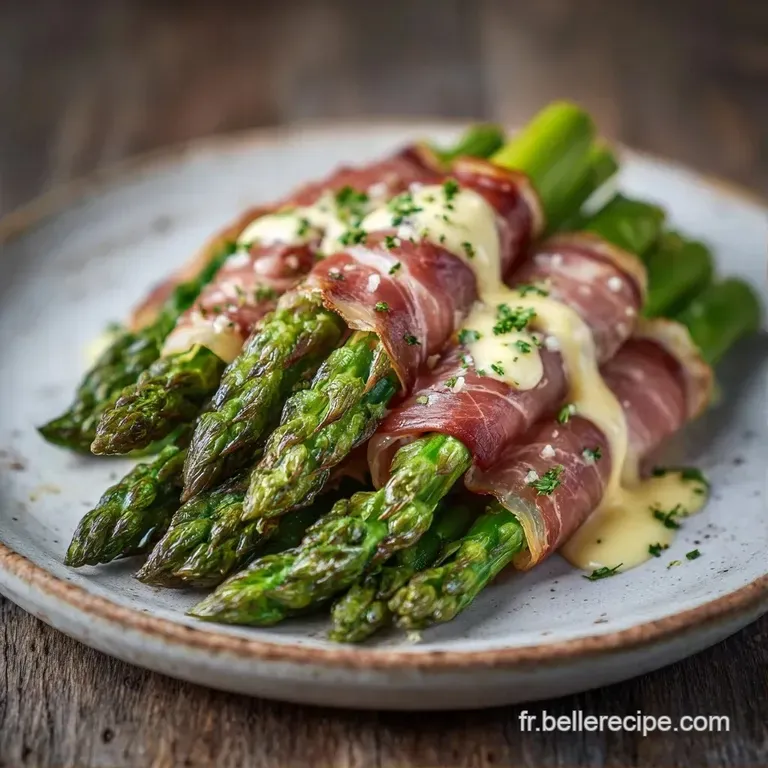 Alignement &eacute;l&eacute;gant de l&eacute;gumes verts croquants envelopp&eacute;s de fines tranches de viande ros&eacute;e et l&eacute;g&egrave;rement brillante.