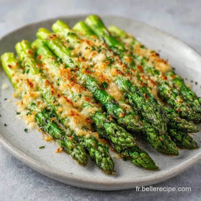 Tiges vertes align&eacute;es avec pr&eacute;cision, saupoudr&eacute;es de fromage grill&eacute; et de grains de poivre sur une assiette &eacute;pur&eacute;e.