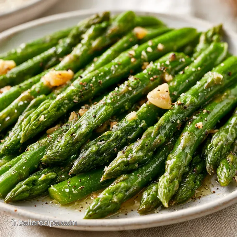 Quelques tiges d'asperges vert vif, d&eacute;licatement align&eacute;es et parsem&eacute;es d'ail grill&eacute;, sur une assiette en c&eacute;ramique.