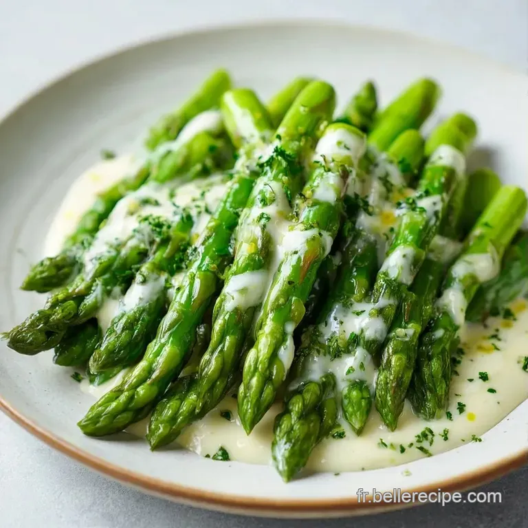 Asperges croquantes align&eacute;es avec pr&eacute;cision, surmont&eacute;es d'un nappage onctueux et brillant dans une assiette blanche.