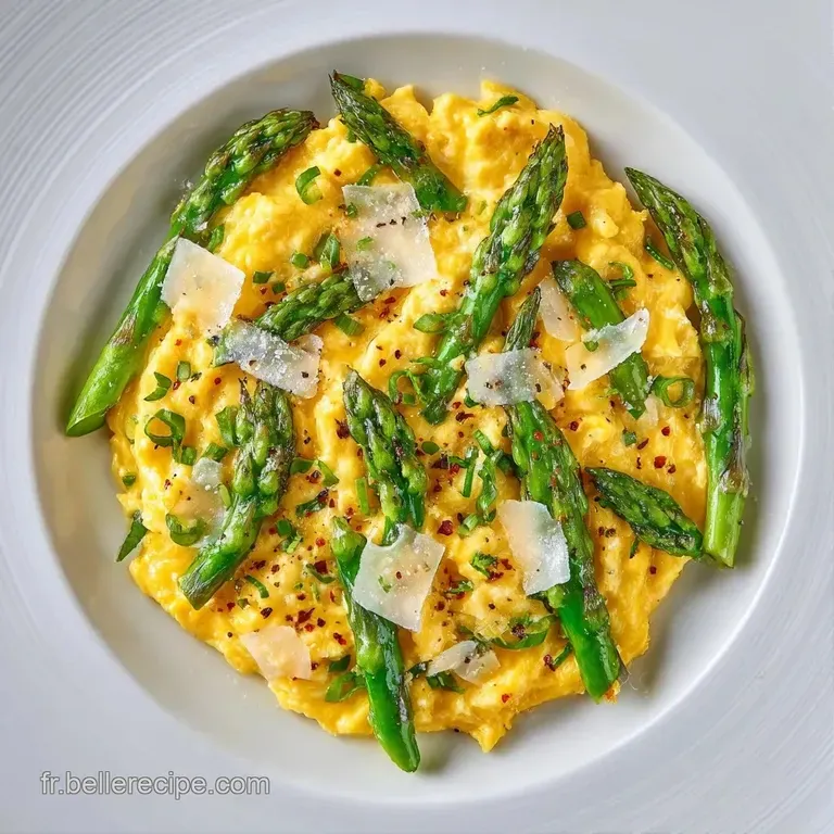 Asperges d'un vert vif align&eacute;es avec soin &agrave; c&ocirc;t&eacute; d'une brouillade onctueuse et fondante dans une assiette blanche.