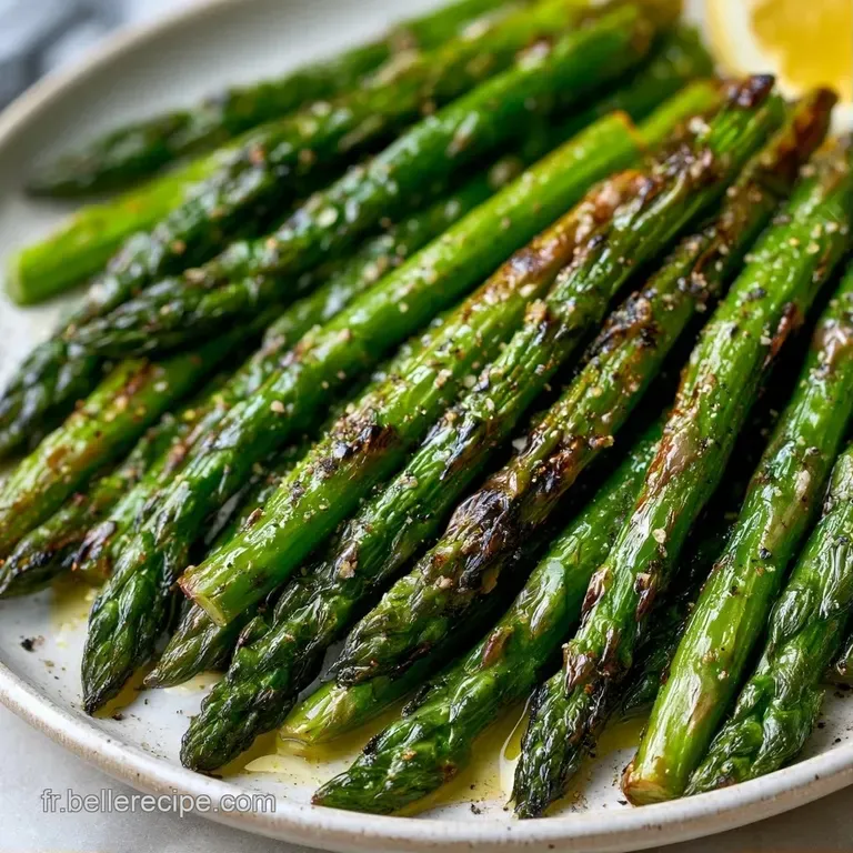 Asperges d'un vert &eacute;clatant align&eacute;es avec soin sur une assiette blanche, parsem&eacute;es de grains de sel et d'huile.