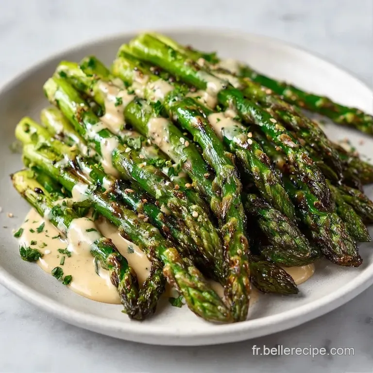Tiges d'asperges vert vif dispos&eacute;es avec soin, contrastant avec un coulis beige nacr&eacute; et une touche de verdure.
