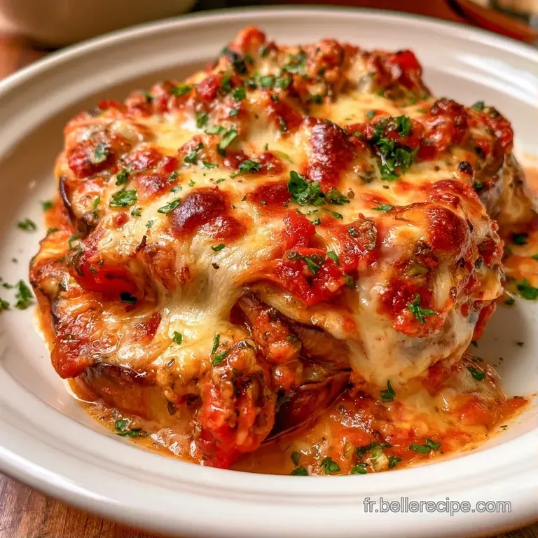 Tranche d'aubergine gratin&eacute;e et fondante sur assiette blanche, surmont&eacute;e d'une feuille de basilic vert tr&egrave;s frais.