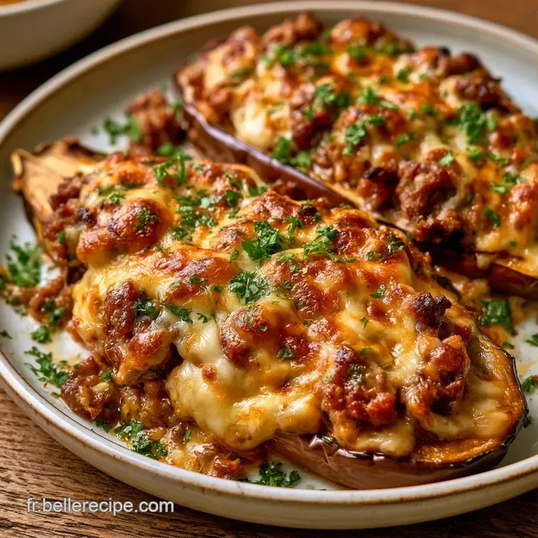 Aubergine r&ocirc;tie pr&eacute;sent&eacute;e dans une assiette blanche avec du persil frais et un filet de sauce tomate rouge &eacute;clatant.