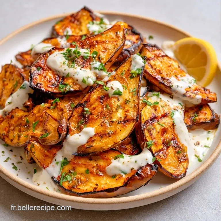 Tranches d'aubergines dor&eacute;es et brillantes dispos&eacute;es avec soin sur une assiette blanche, parsem&eacute;es de zestes de citron.