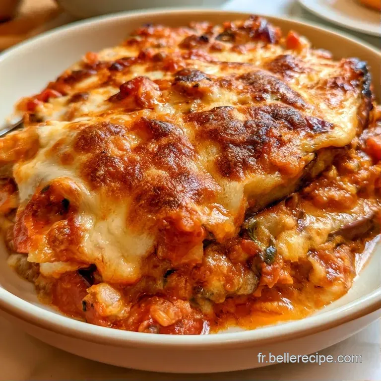 Tranche g&eacute;n&eacute;reuse d'aubergines fondantes sur assiette blanche, surmont&eacute;e d'une feuille de basilic vert &eacute;clatant et frais.