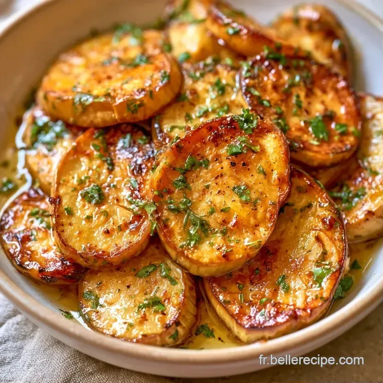 Tranches d'aubergines d'un blanc nacr&eacute; dispos&eacute;es avec soin sur une assiette sombre, contrast&eacute;es par un filet d'huile.