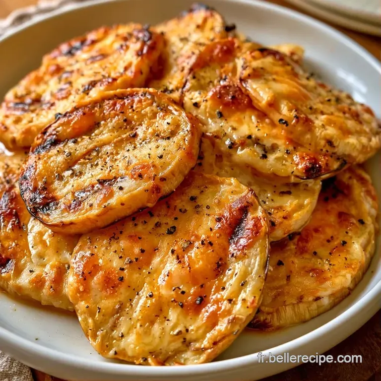 Pr&eacute;sentation soign&eacute;e de tranches d'aubergines fondantes et dor&eacute;es, parsem&eacute;es de copeaux de fromage sur assiette.