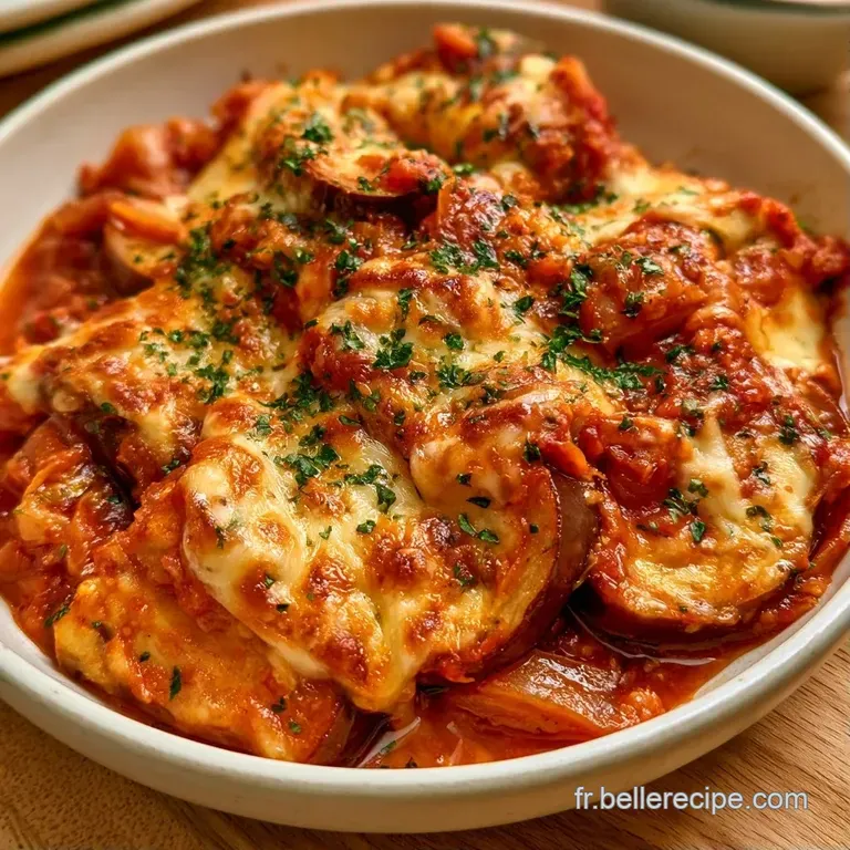 Quelques tranches d'aubergines fondantes et fromage grill&eacute; dispos&eacute;es avec soin sur une assiette blanche et basilic frais.