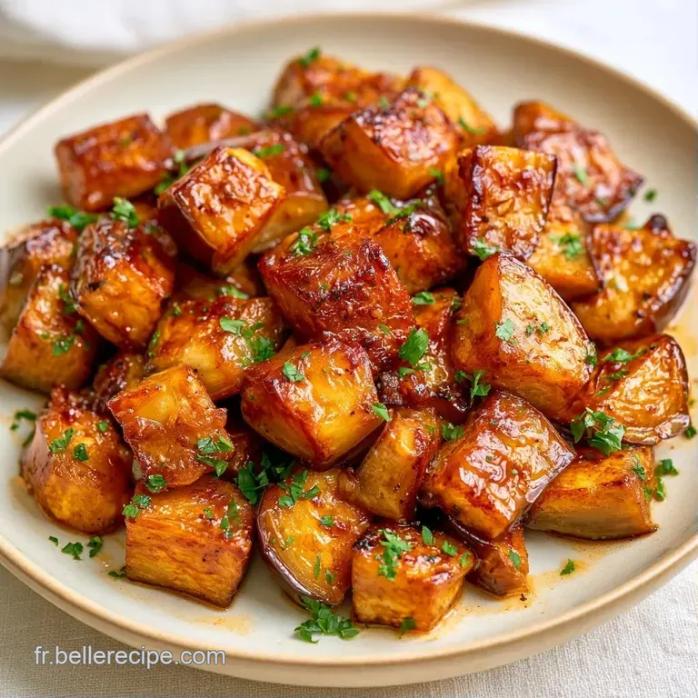 Cubes d'aubergines tendres dispos&eacute;s avec soin dans une assiette blanche, d&eacute;cor&eacute;s d'herbes fra&icirc;ches et d'un filet d'huile.