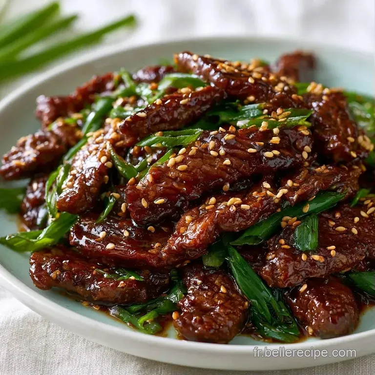 Tranches de viande luisantes et brunes dispos&eacute;es avec soin, parsem&eacute;es de graines de s&eacute;same et d'oignons verts frais.