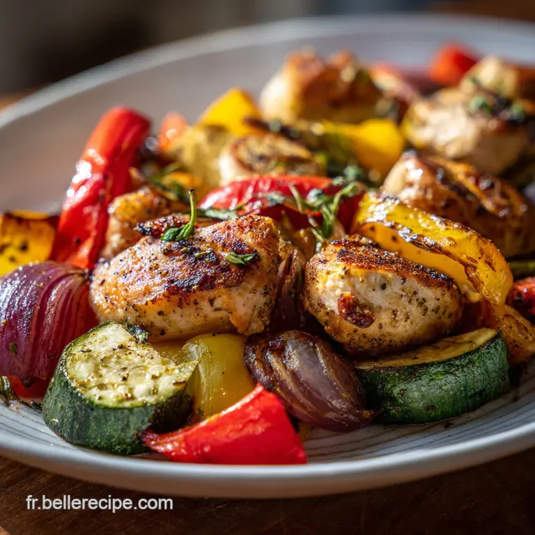 Elegant plate featuring juicy roasted chicken and vibrant vegetables, drizzled with a glistening sauce and sprinkled with ...
