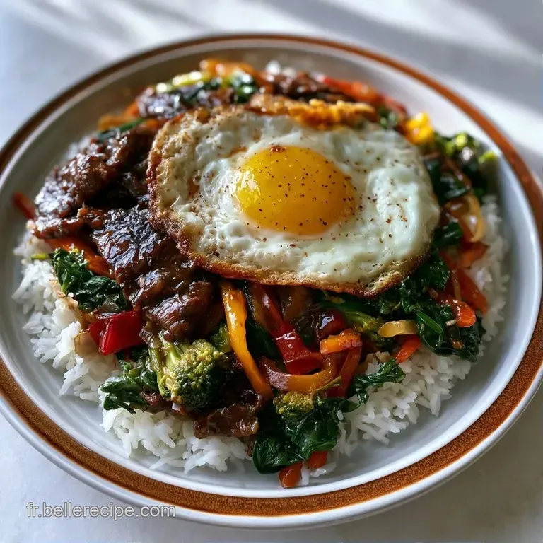 Disposition harmonieuse de l&eacute;gumes frais et viande brillante sur du riz, agr&eacute;ment&eacute;e d'une sauce rouge onctueuse.