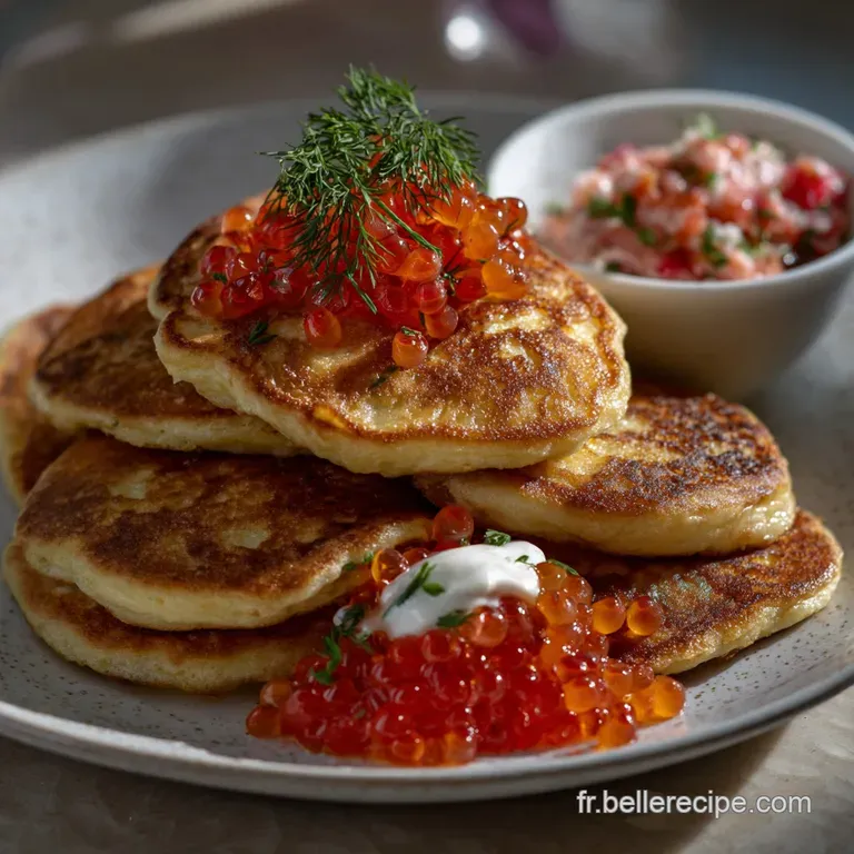 Delicate, fluffy blinis arranged on a pristine white plate, garnished with chives and a glistening salmon rosette. Appetiz...