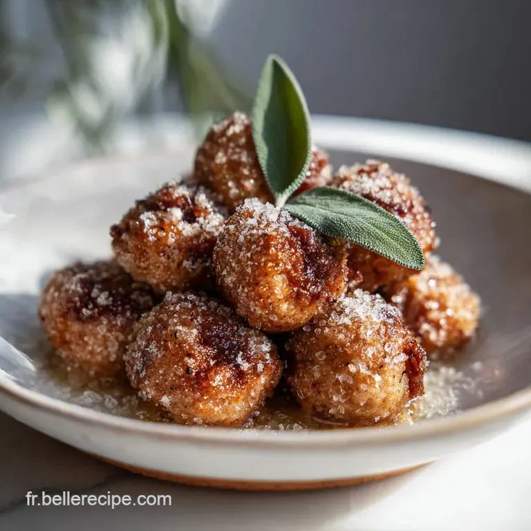 Elegant plate featuring browned, glazed meatballs with a side of creamy mashed potatoes and vibrant green beans.