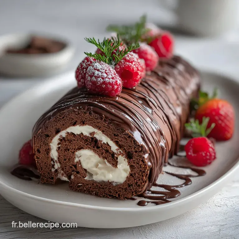 Elegant chocolate yule log slice with a dusting of cocoa powder, showcasing layers of moist cake and airy mousse. Sophisti...