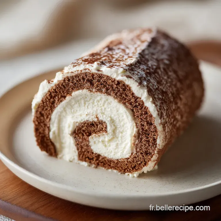 Elegant slice of a frosted log cake on a white plate. Soft, white creamy filling contrasts with a rich, cocoa-dusted exter...