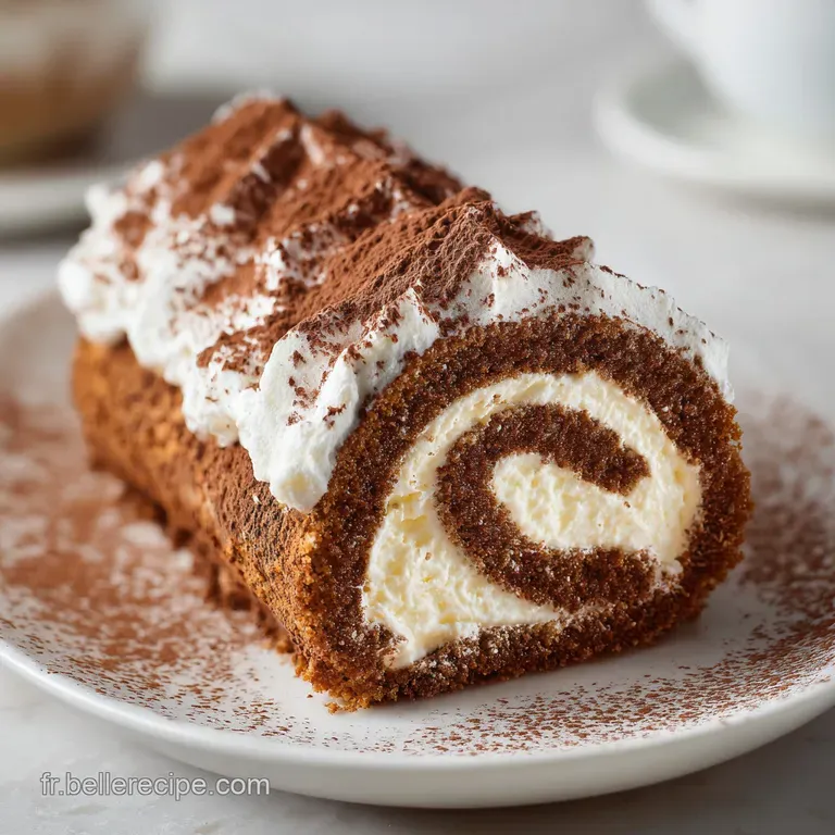 Slice of tiramisu log on a plate, cocoa powder dusting, with chocolate decor. Whipped cream swirls and rich, soaked ladyfi...