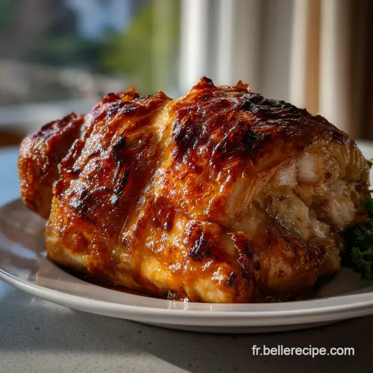 Tender capon slice on a white plate, set with parsley garnish. Rich brown meat contrasts with the clean backdrop, elegant.