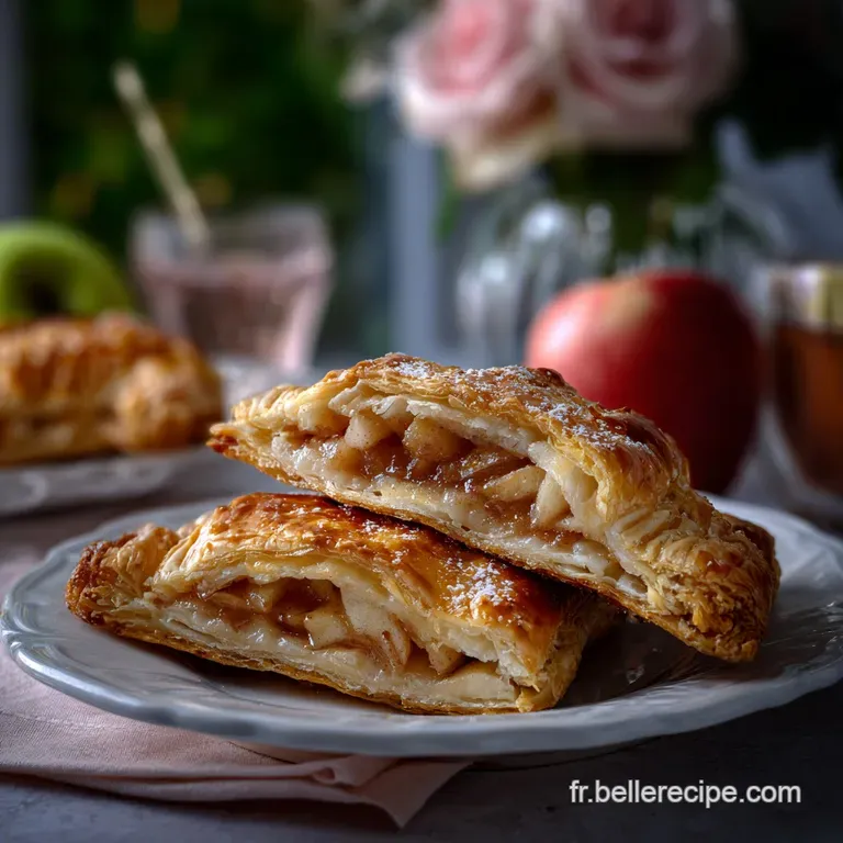 Elegant apple turnover dusted with powdered sugar, resting beside a dollop of cream and fresh raspberries on a white plate.
