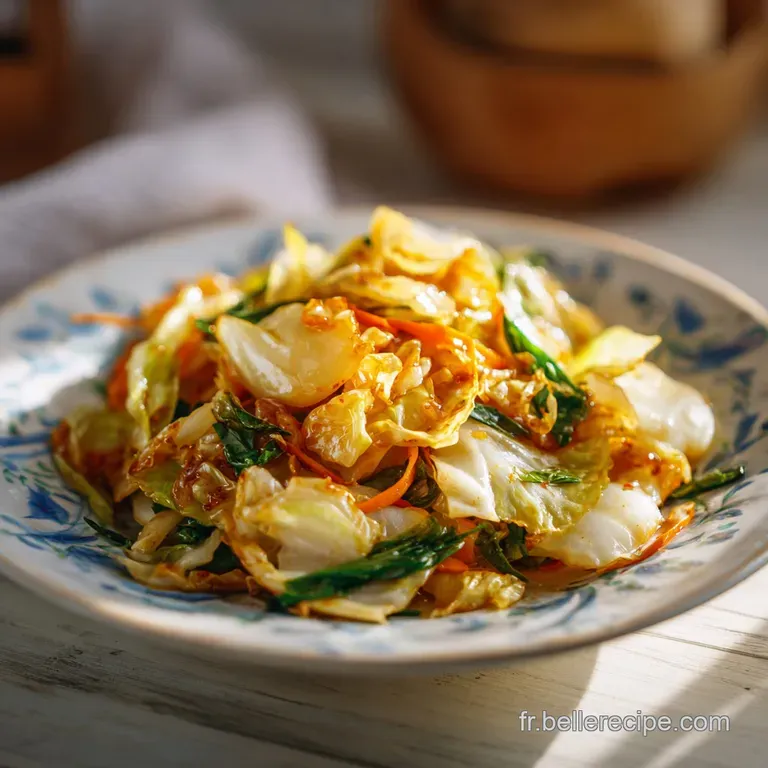 Steaming mound of saut&eacute;ed napa cabbage artfully plated, showcasing glossy leaves and pops of color from other vibrant vege...