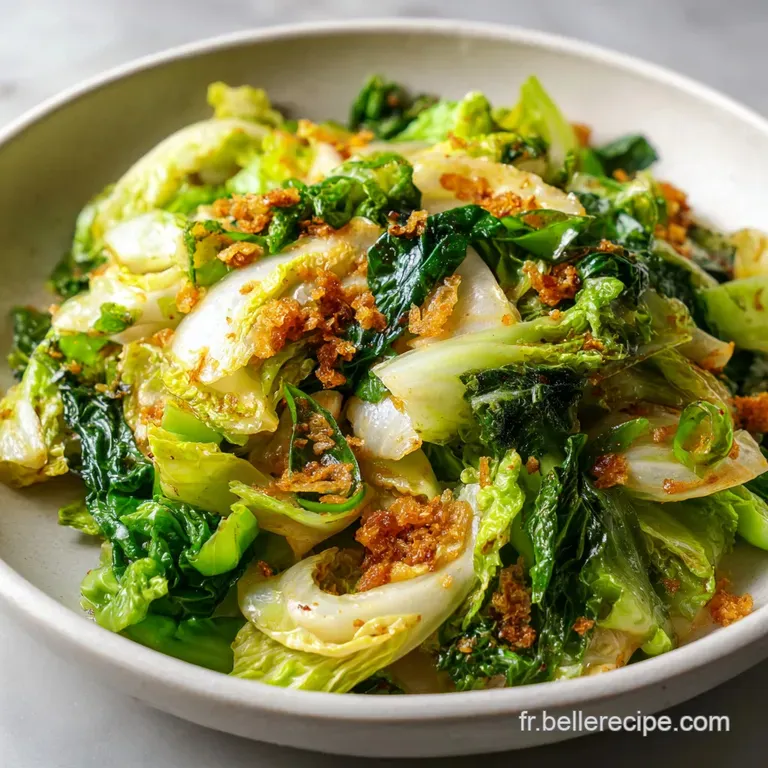 Steaming mound of pork and cabbage mixture artfully arranged on a white plate, sprinkled with fresh green onions.
