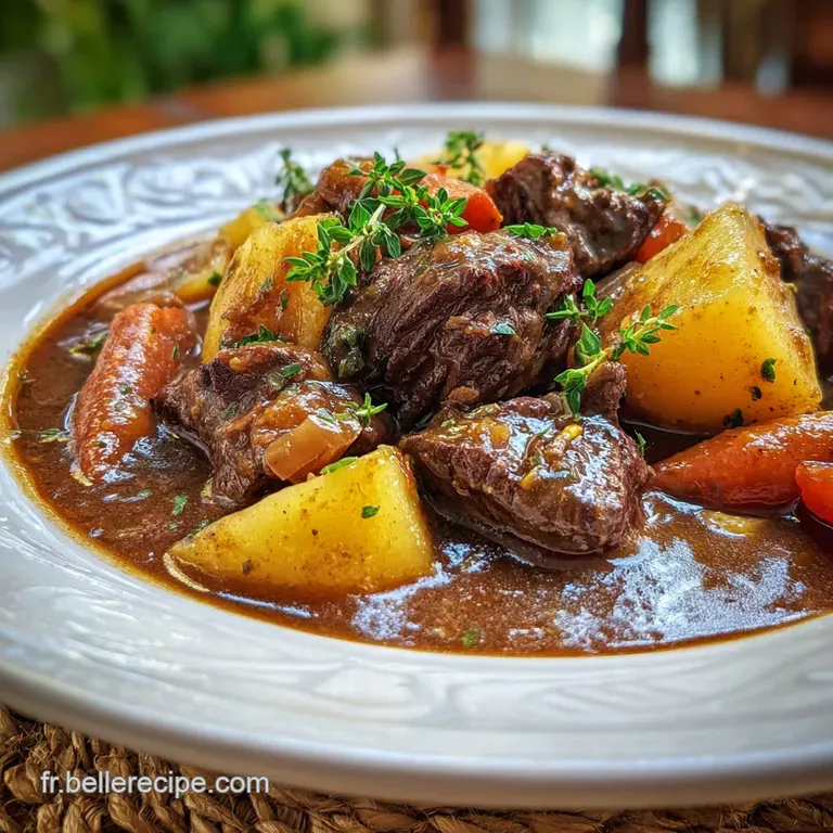 Elegant plate of tender venison stew, garnished with vibrant cranberries and fresh herbs. Dark sauce glistens against crea...