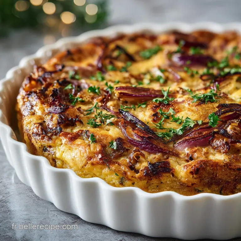 Slice of savory clafoutis on a white plate, accented by fresh herbs. Steam rises gently, showing warmth, and a soft, yield...