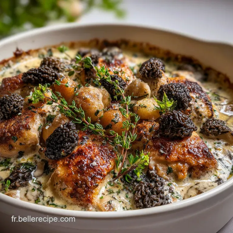Elegant plate of tender chicken and mushrooms, glistening with a velvety cream sauce and garnished with fresh herbs.