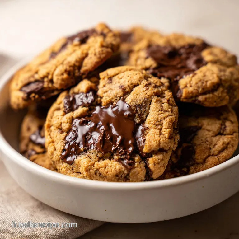 Pile de biscuits moelleux sur une assiette blanche, avec des morceaux de chocolat fondant et un grain de sel fin.