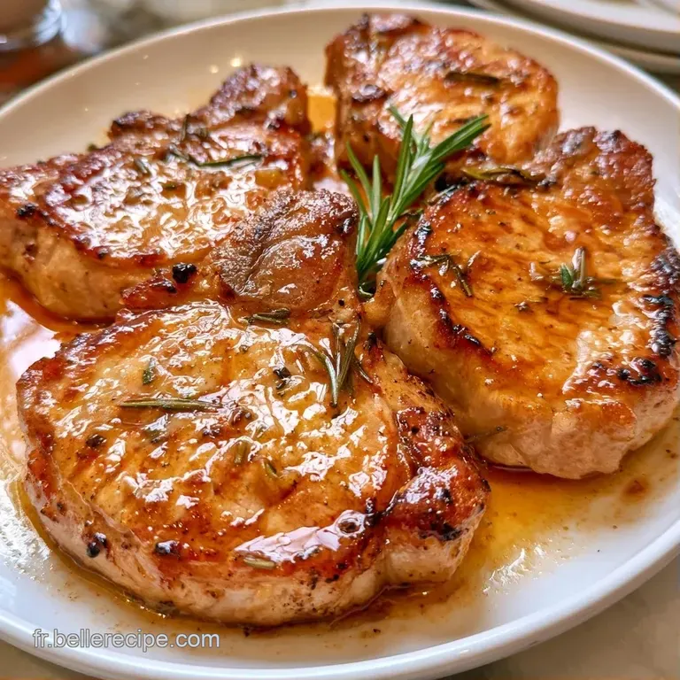 C&ocirc;tes de veau &eacute;l&eacute;gantes dans l'assiette, napp&eacute;es d'une sauce brune lustr&eacute;e au beurre, avec une branche de romarin.