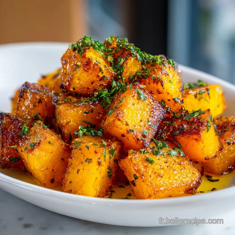 Elegant plate featuring tender butternut squash with golden, crisp edges. Glistening olive oil adds a touch of richness.