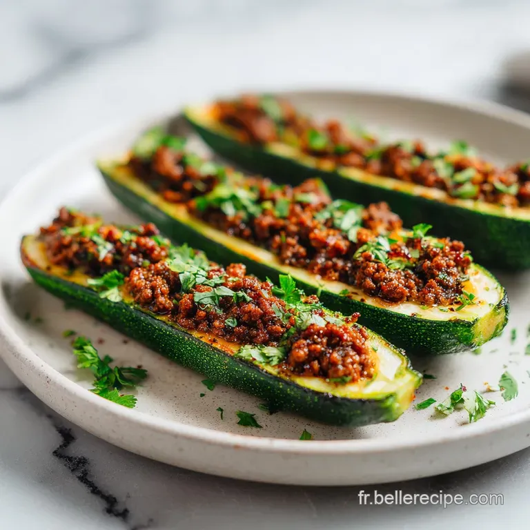 Courgette sculpt&eacute;e &agrave; la garniture gratin&eacute;e, dispos&eacute;e avec soin sur une assiette blanche et un filet de sauce brillante.