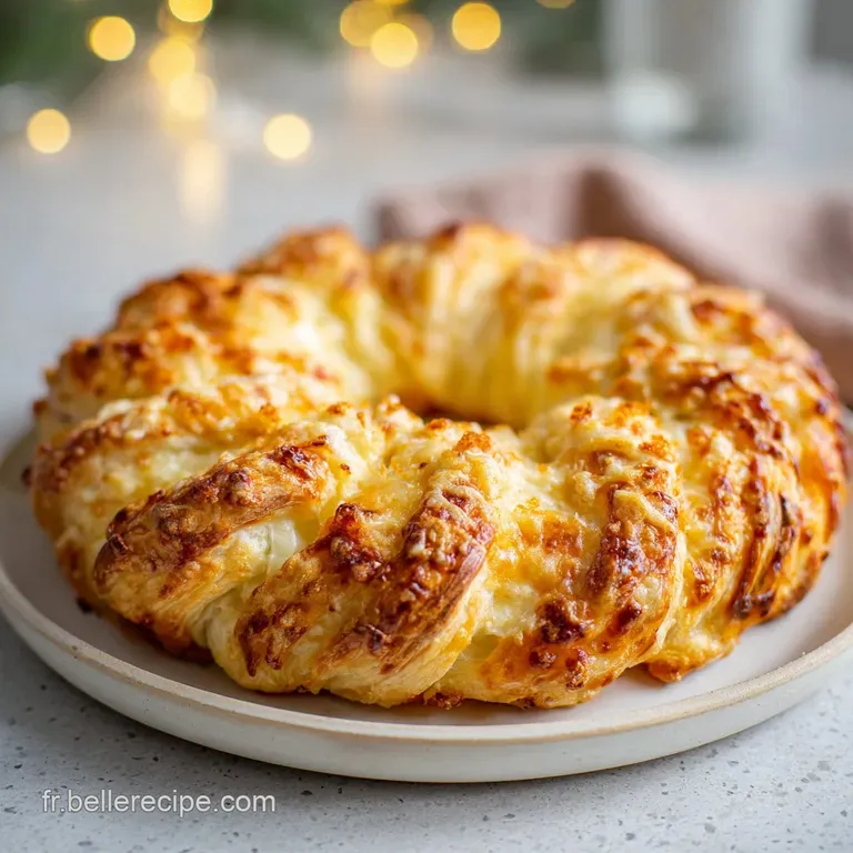 A slice of the pesto-filled pastry crown, artfully arranged on a white plate, showcasing its airy crumb.
