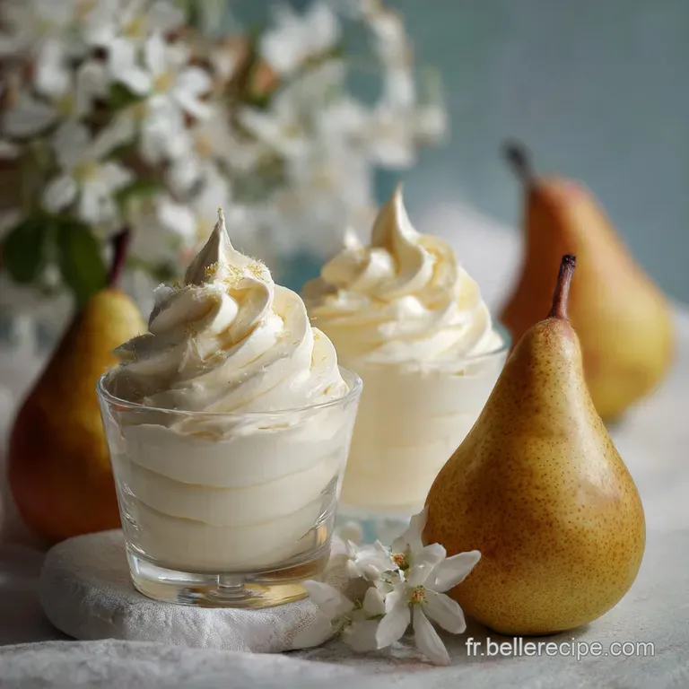Elegant plate of creamy pear soup with a swirl of rich cream, almond slivers, and a sprig of fresh mint for a refreshing t...