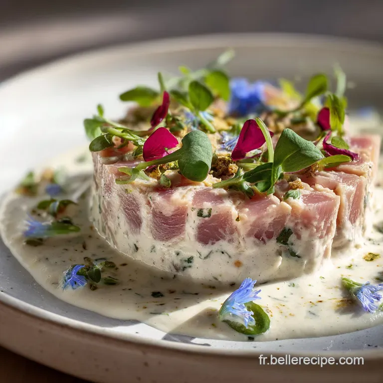 Elegant plate of creamy tuna dip with toasted baguette slices and a sprig of fresh dill. The light catches the dip's smoot...