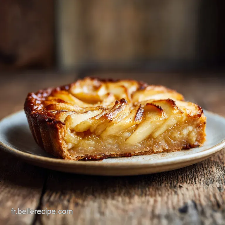 Warm cr&eacute;piau aux pommes slice on a white plate. Caramelized edges, soft apple center. Fork resting alongside; inviting and...