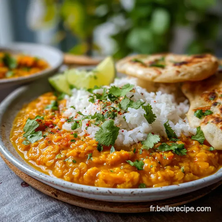A colorful bowl of lentil curry, garnished with cilantro and a dollop of yogurt, sits on a rustic wooden table.