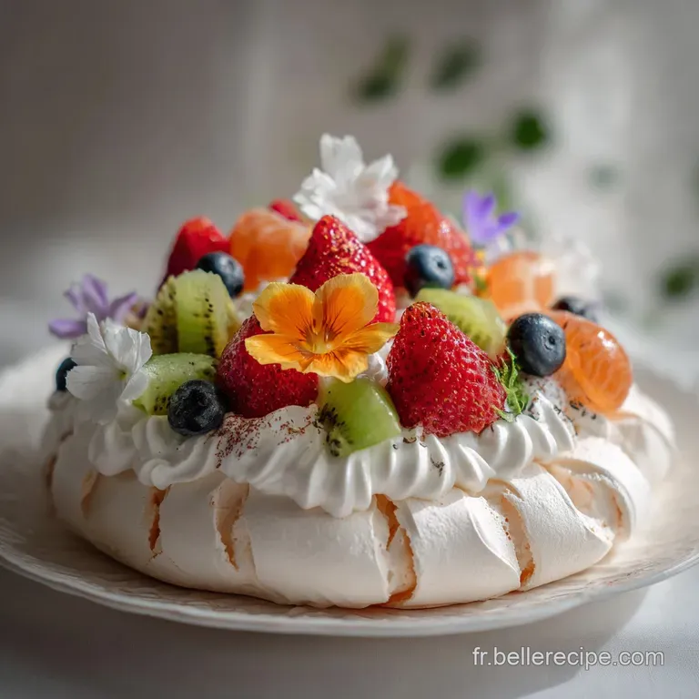 Elegant meringue nests filled with fluffy white cream and a vibrant medley of sliced kiwi, berries, and citrus segments.