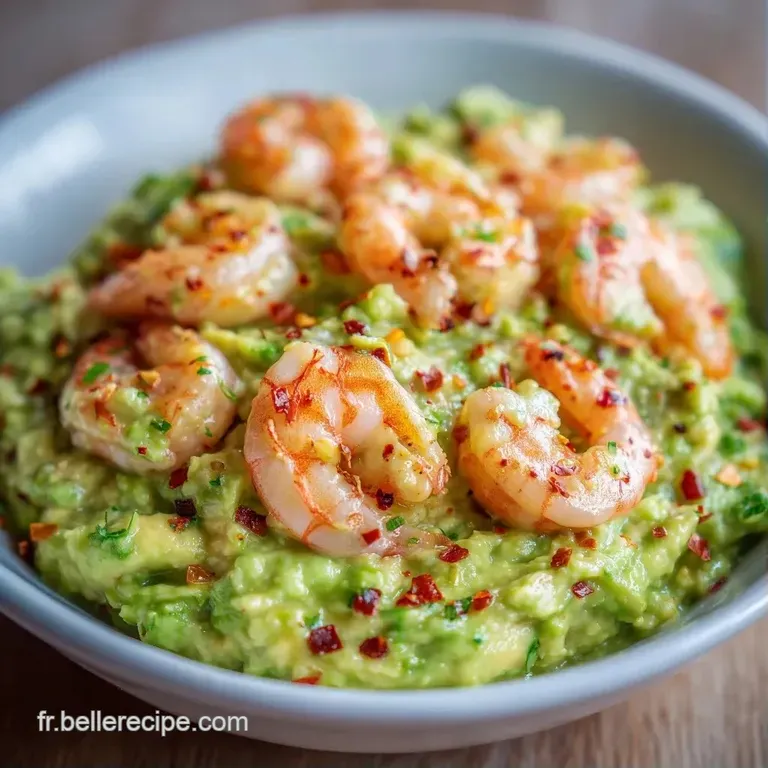 Bol blanc minimaliste contenant un dip onctueux vert p&acirc;le, d&eacute;cor&eacute; de crevettes charnues et d'un zeste de citron jaune.