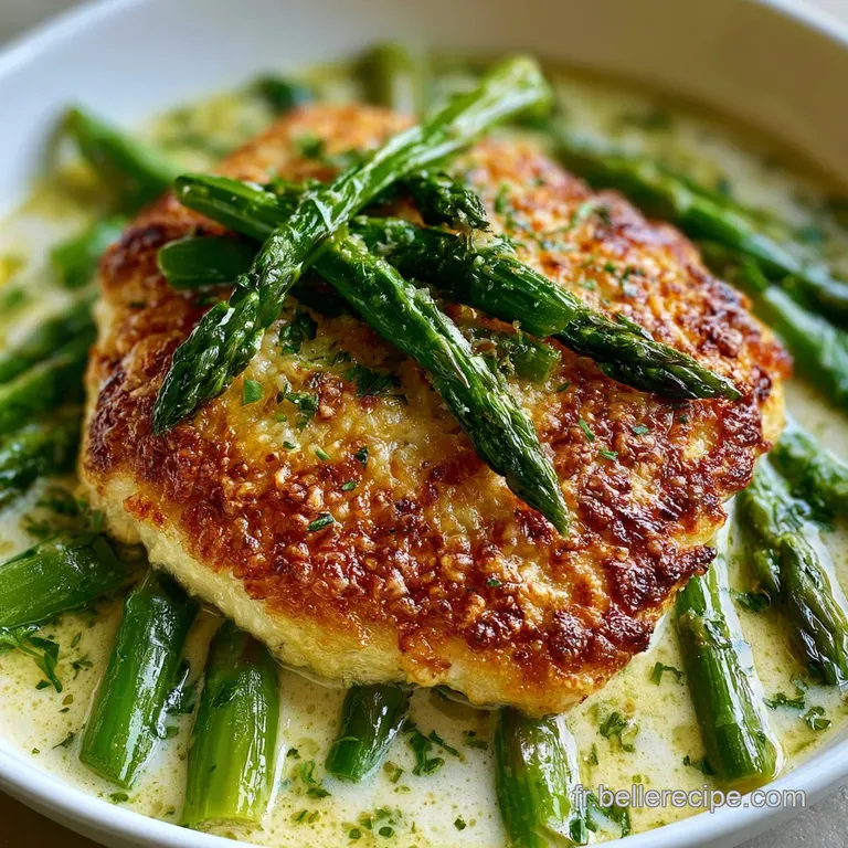 Asperges vertes align&eacute;es avec une sauce onctueuse et des herbes fra&icirc;ches sur une porcelaine blanche et brillante.