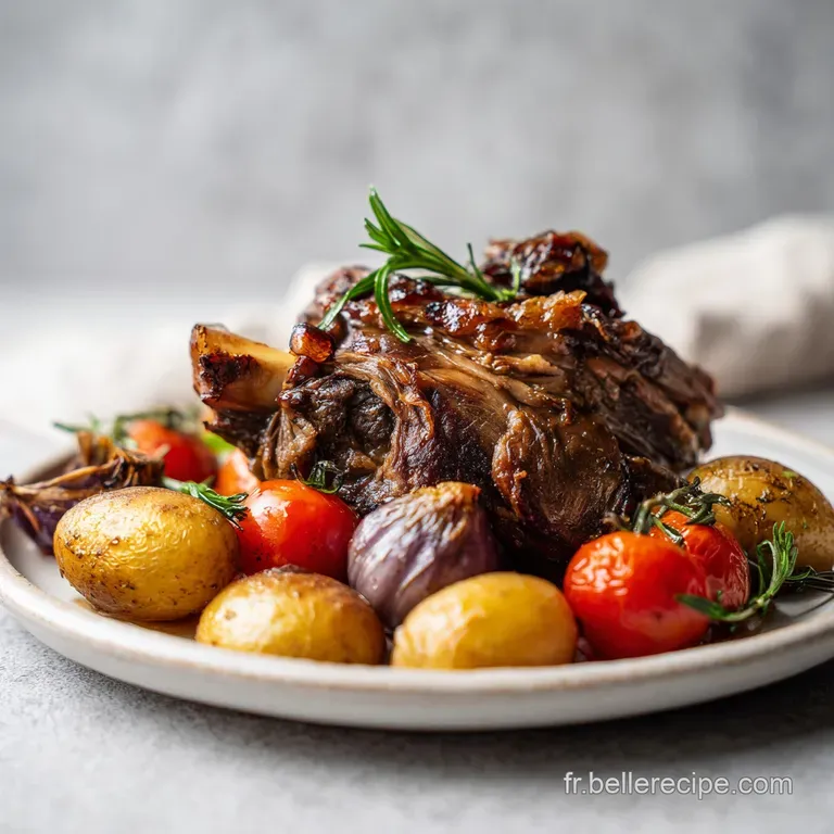 Juicy lamb shoulder slices artfully arranged with vibrant roasted root vegetables on a rustic platter.